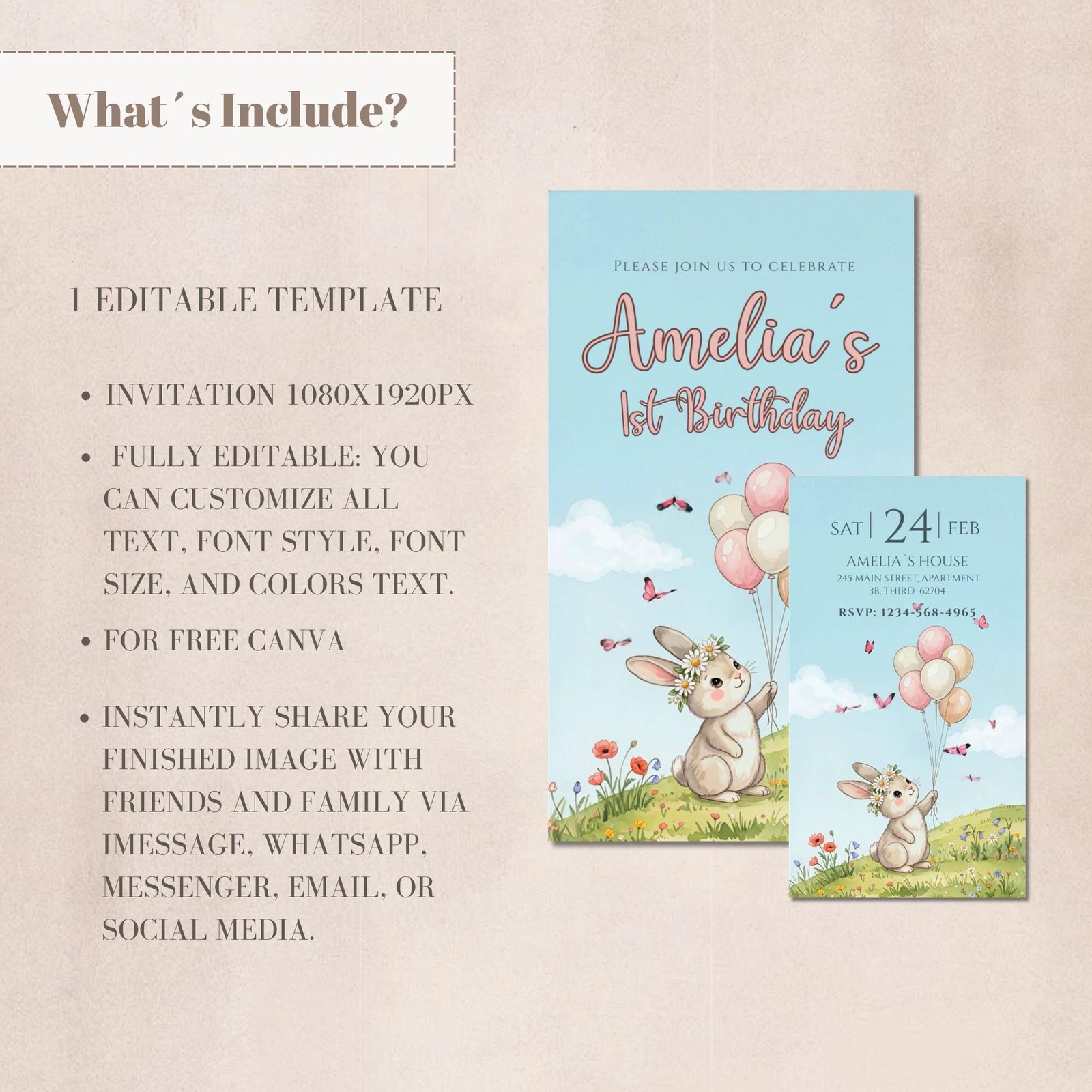 Some Bunny Is One Birthday Video Invitation - Watercolor Garden - Canva Template - preview 3