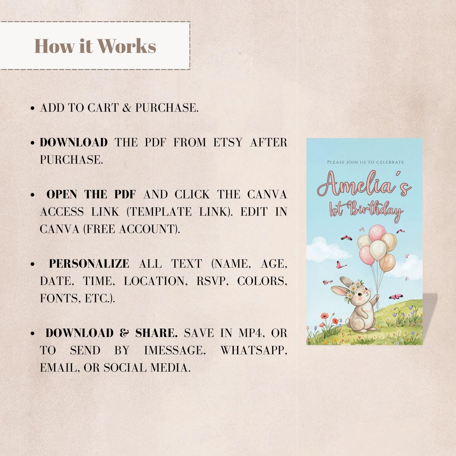 Some Bunny Is One Birthday Video Invitation - Watercolor Garden - Canva Template - preview 4
