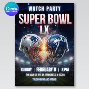 Super Bowl LX Football Watch Party Invitation - Canva Template - preview 1