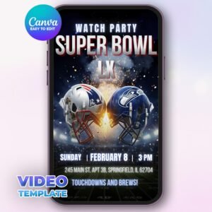 Super Bowl LX Football Watch Party Video Invitation - Canva Template - preview 1