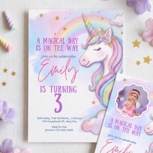Unicorn Birthday Photo Invitation - Pastel Rainbow - Canva Template - preview 1