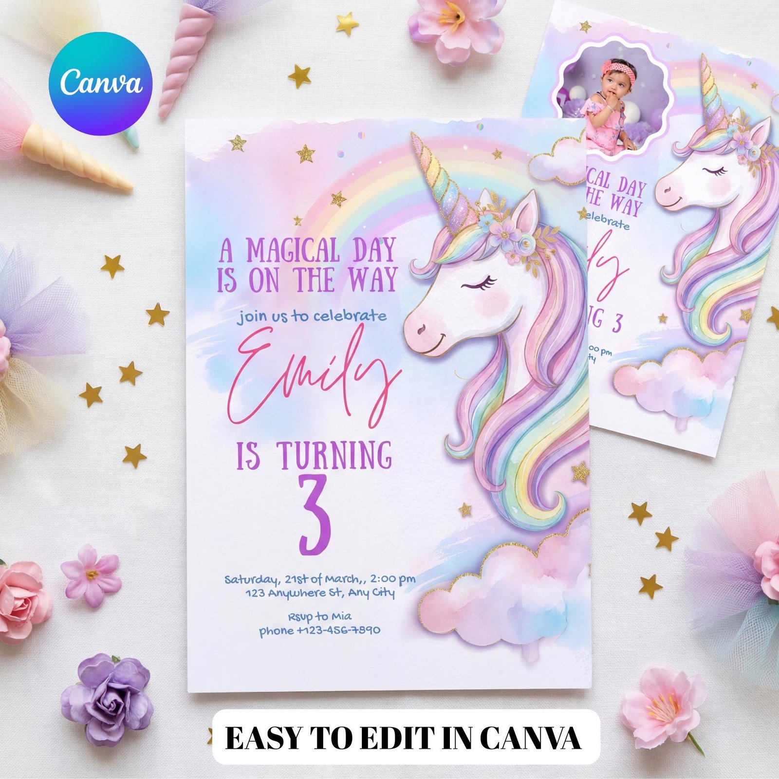 Unicorn Birthday Photo Invitation - Pastel Rainbow - Canva Template - preview 2