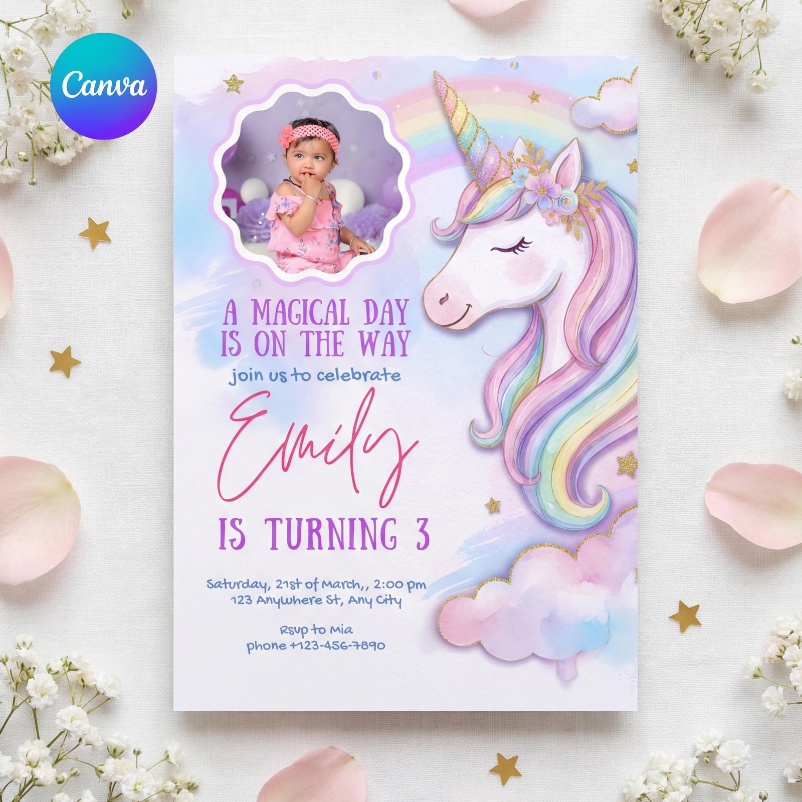 Unicorn Birthday Photo Invitation - Pastel Rainbow - Canva Template - preview 3