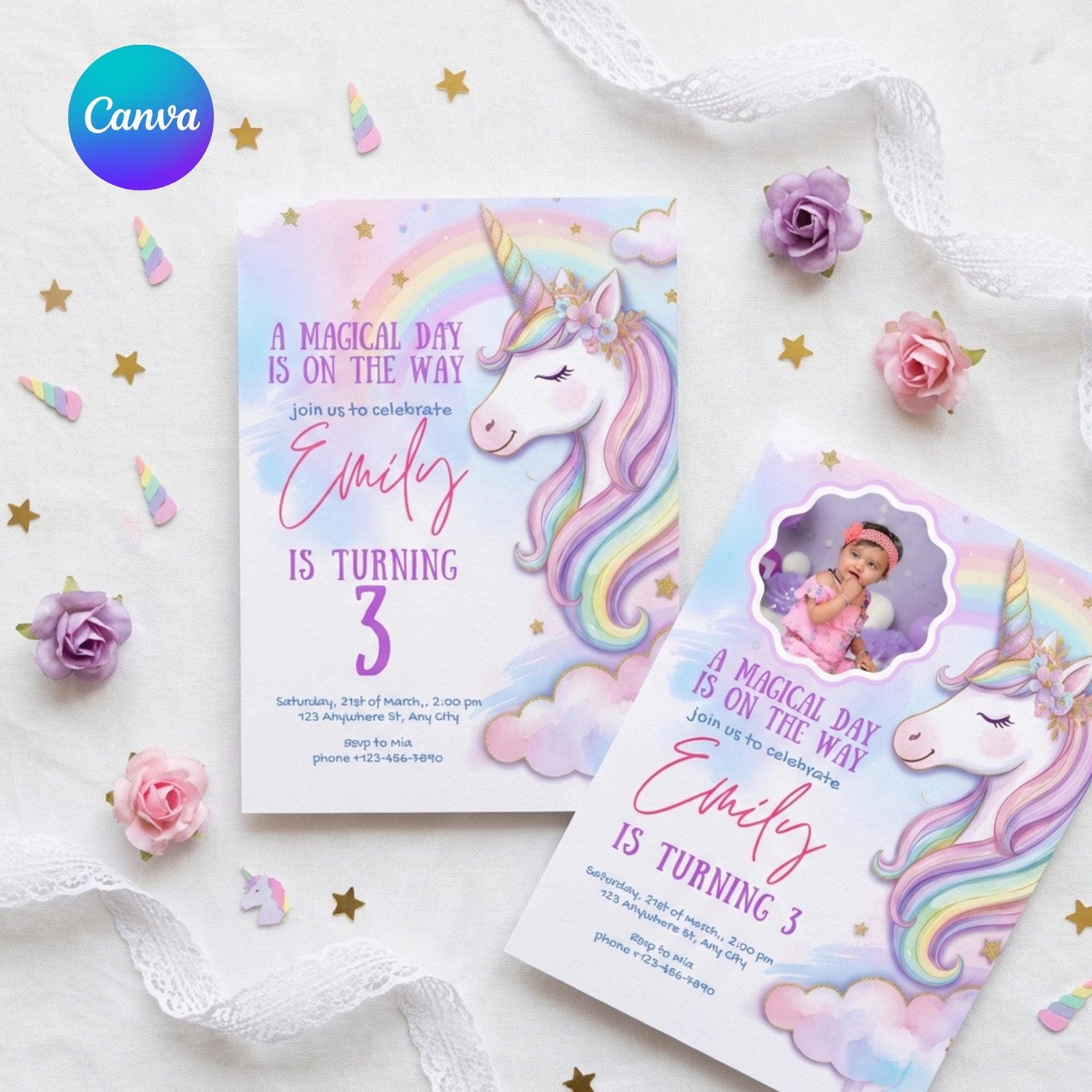 Unicorn Birthday Photo Invitation - Pastel Rainbow - Canva Template - preview 4