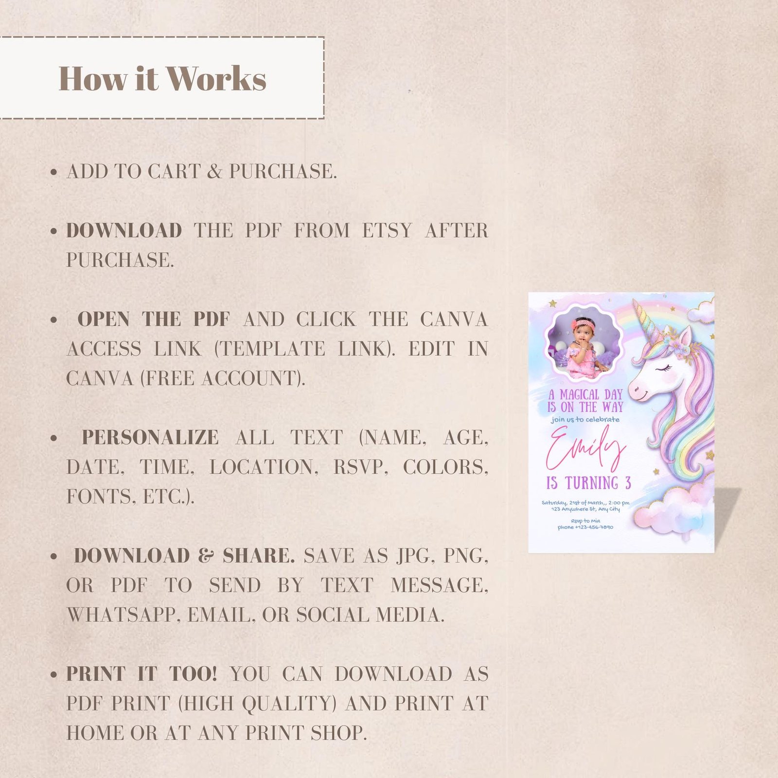 Unicorn Birthday Photo Invitation - Pastel Rainbow - Canva Template - preview 5